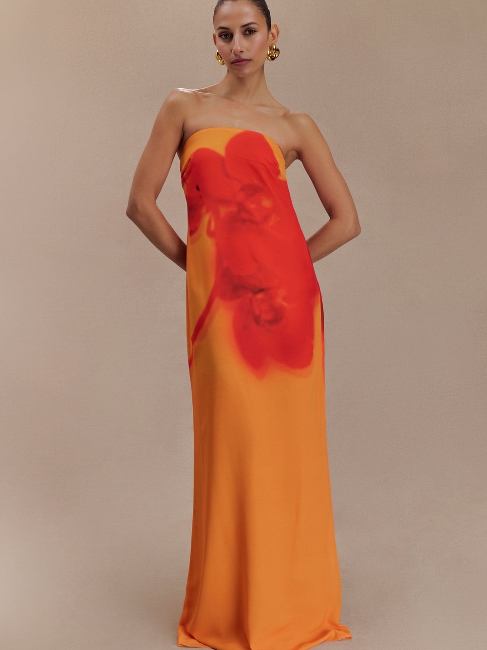 Meshki Strapless Orange Dress with Red Accent